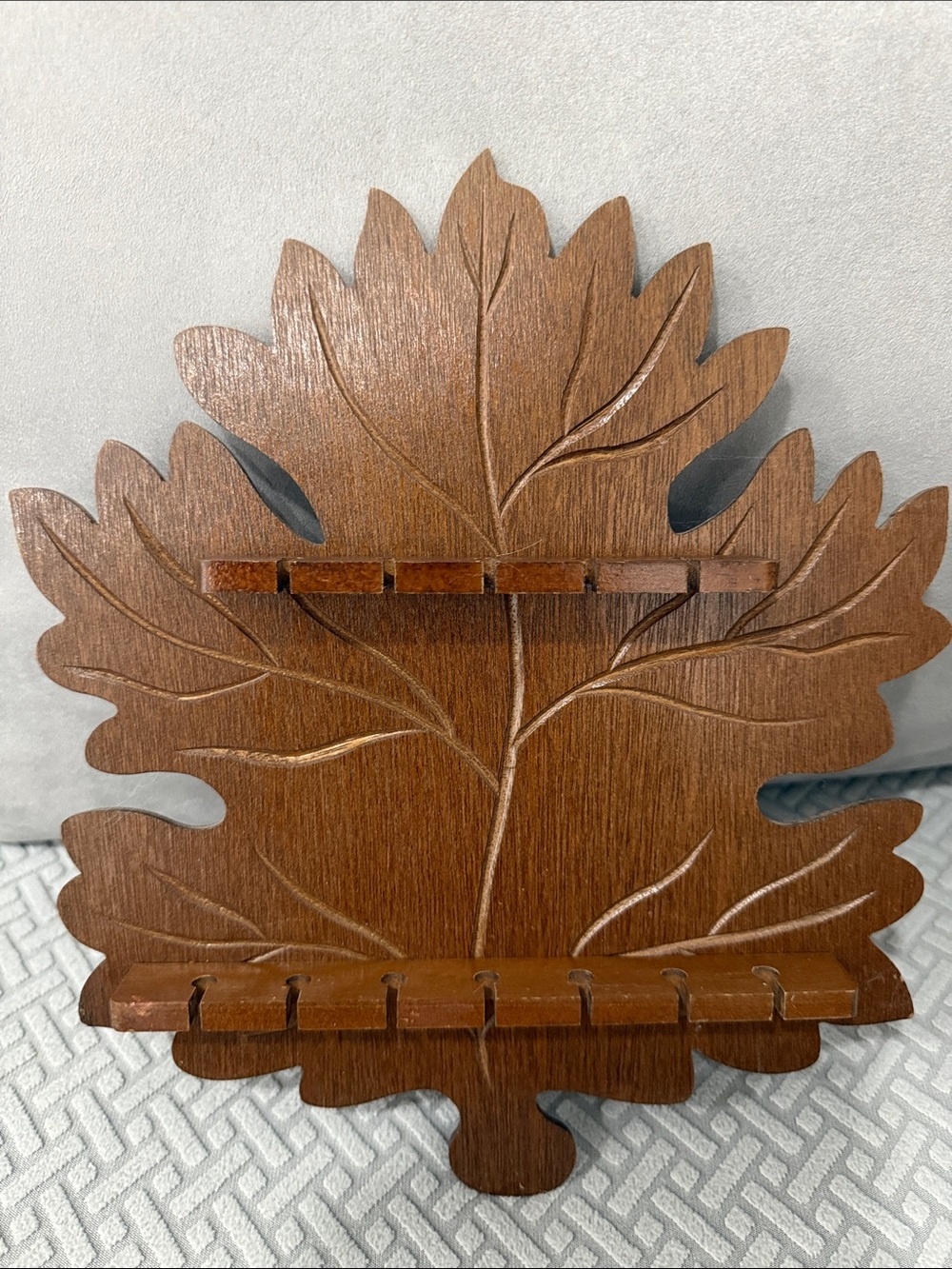 Vintage Carved Wooden Maple Leaf Spoon Rack Jewelry Holder